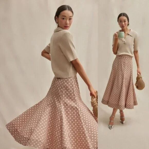 Tuckernuck NEW Petal Cane Brynn Geometric Pink Retro Pleated Midi Skirt 4 $288 - Picture 2 of 10